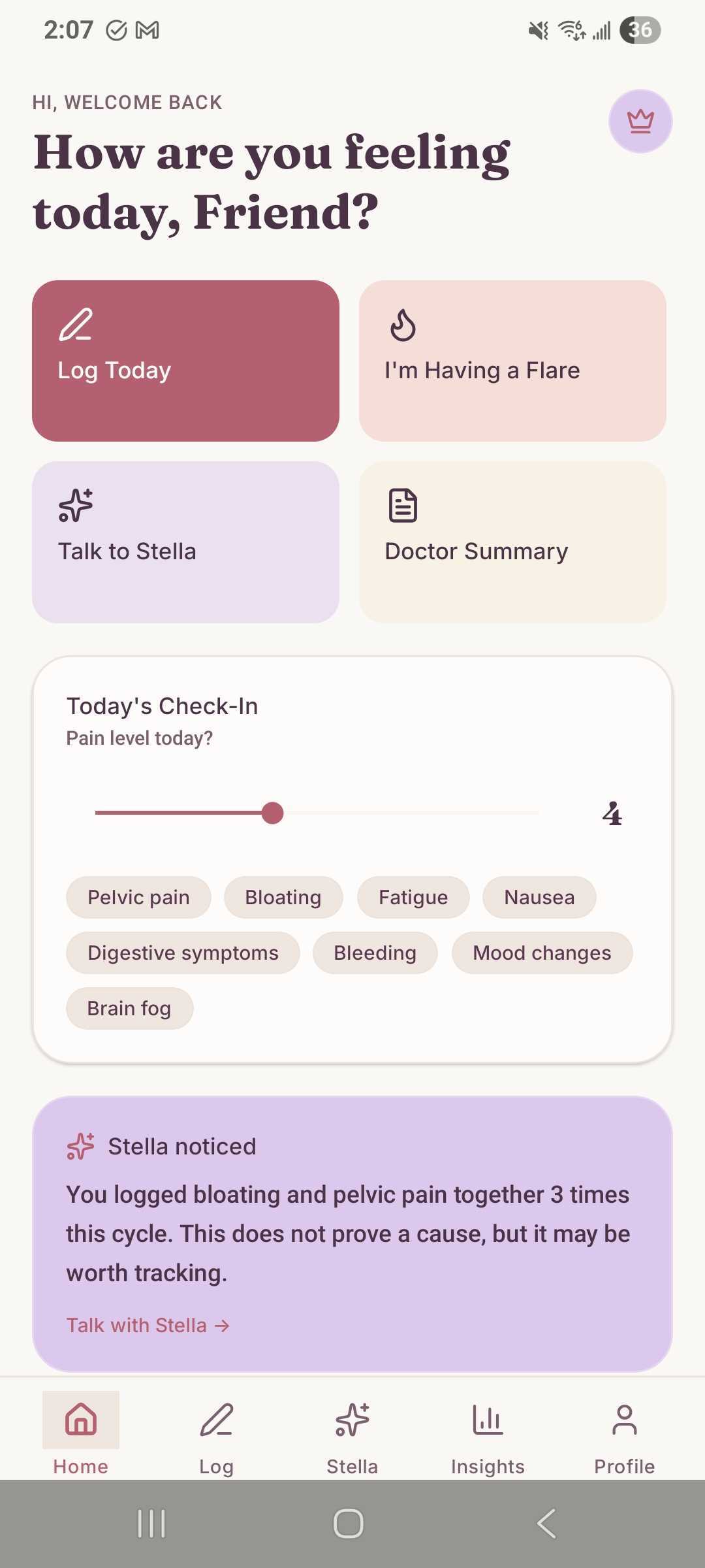 MyEndo endometriosis symptom tracking app dashboard