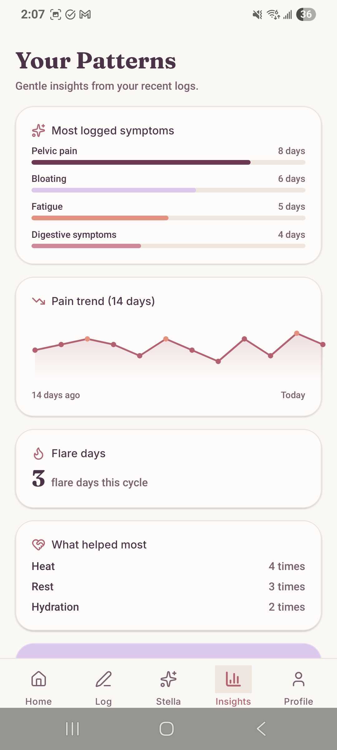 Health insights and symptom trend analysis for endometriosis