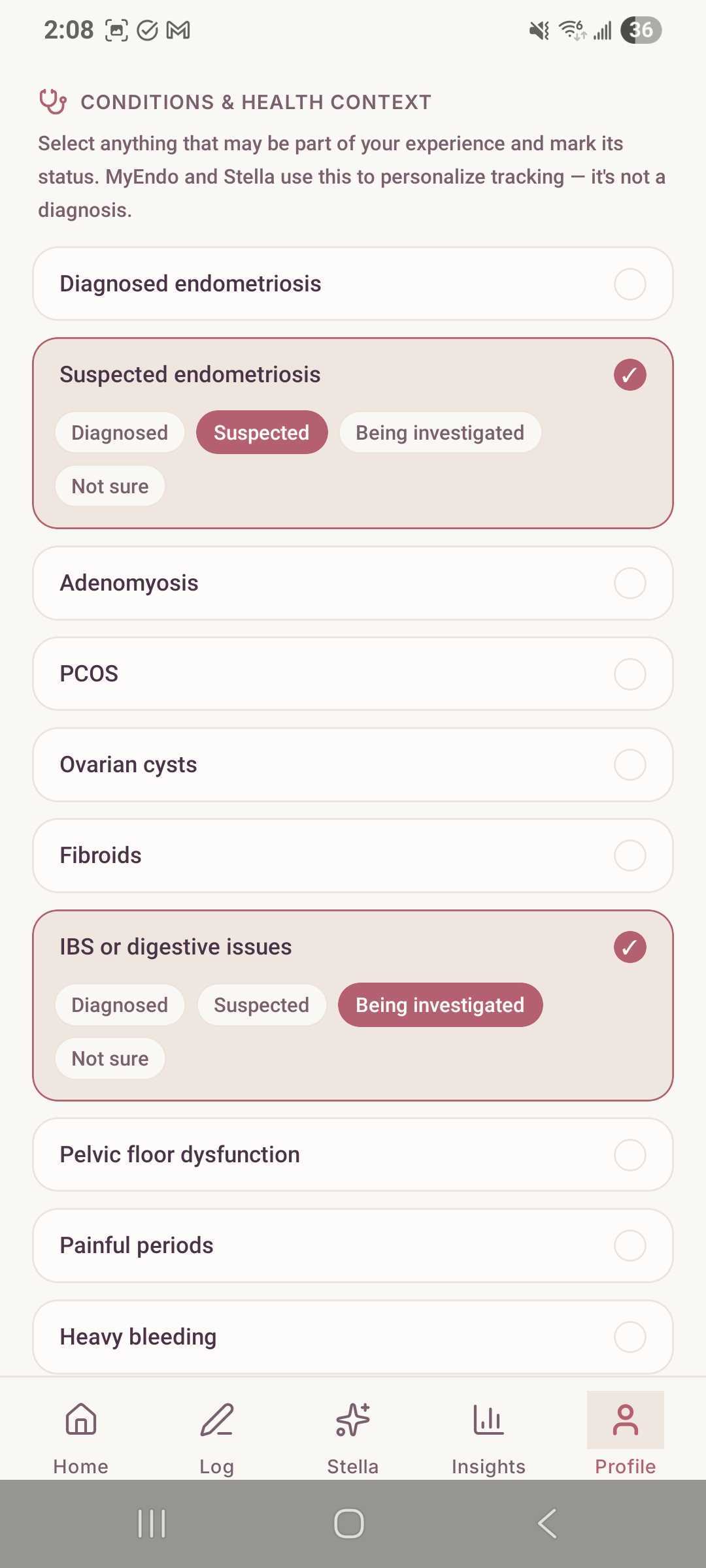 MyEndo profile screen for tracking endometriosis, PCOS, adenomyosis and related health conditions